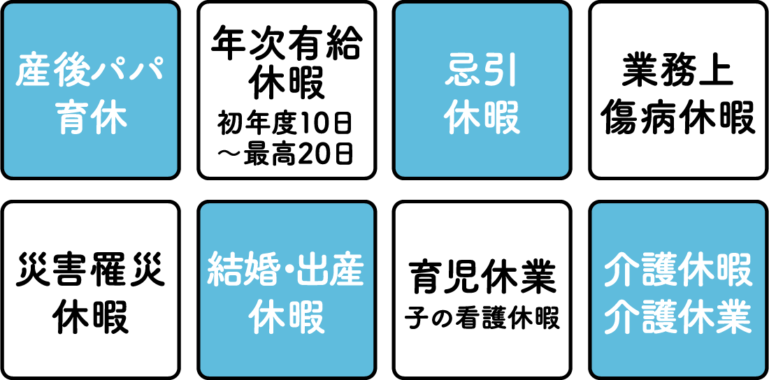 産後パパ育休 | 年次有給休暇 初年度10日～最高20日 | 忌引休暇 | 業務上傷病休暇 | 災害罹災休暇 | 結婚・出産休暇 | 育児休業 子の看護休暇 | 介護休暇 介護休業